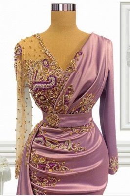 Stylish Satin Mermaid Prom Dress with Sleeves Gold Appliques Party Gown_2