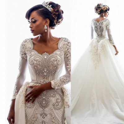 Robe de mariée sirène avec train de balayage perles robe de mariée manches longues appliques en dentelle_4