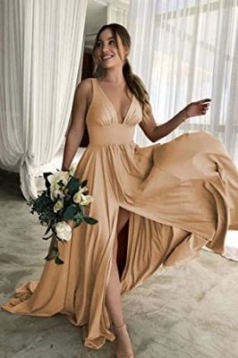 Sexy V-Neck Sleeveless Bridesmaid Dress  | Split Bridesmaid Dresses Long for Women Wedding A Line Formal Dress_5