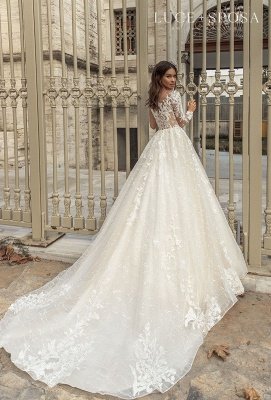 Chic  Aline Wedding Dress with Sleeves Tulle Floral Lace Appliques Bridal Dress_4