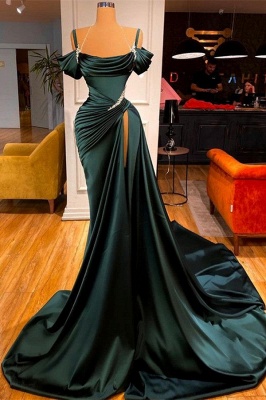 Robe de soirée longue en satin froncé à épaules dénudées avec perles sur le côté_1