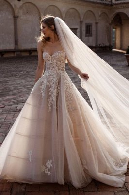 Romantic Sweetheart Aline wedding Dress Sleeveless Floral Tulle Princess Bridal Dress_1