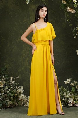 Gelbes One-Shoulder-Brautjungfernkleid mit seitlichem Schlitz, langes Abendkleid_16