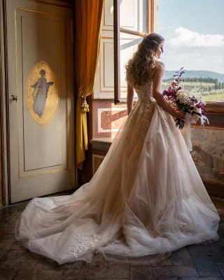 Romantic Sweetheart Aline wedding Dress Sleeveless Floral Tulle Princess Bridal Dress_3