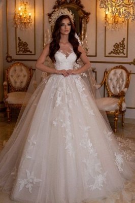 A-Line Tulle Floor-length Wedding Dress With Lace Appliques