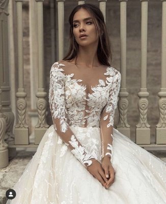 Chic  Aline Wedding Dress with Sleeves Tulle Floral Lace Appliques Bridal Dress_3