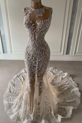 Precioso vestido de fiesta de sirena con cristales florales en 3D y apliques de encaje_1