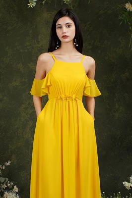 Robe de demoiselle d'honneur en mousseline de soie à volants jaune Robe de soirée de mariage longue_17