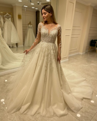 Elegant Aline Lace Wedding Dress with Long Sleeves Tulle Lace Appliques_3