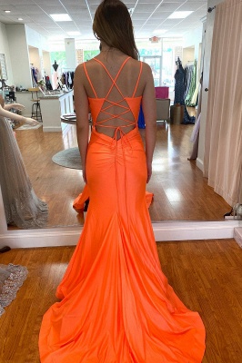 Orange Spaghetti Straps Mermaid Side Slit Prom Dress_3