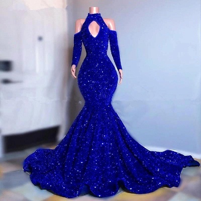 Sexy Glitter Royal Blue Mermaid Prom Dress Halter Party Dress con mangas_2