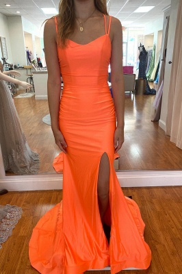 Orange Spaghetti Straps Mermaid Side Slit Prom Dress_1