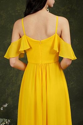 Vestido largo de dama de honor de gasa con volantes halter amarillo vestido de fiesta de boda_12