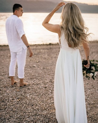 Tiefer V-Ausschnitt, weißes Strandhochzeitskleid, ärmelloses Aline-langes Kleid für die Braut_2