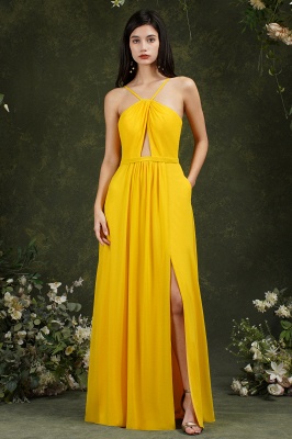 Halter Long Bridesmaid Dress Chiffon Sleeveless Side Split Wedding Party Dress_3