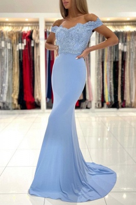Stunning Off-the-Shoulder Chiffon Mermaid Prom Dress Lace Appliques Party Dress_1