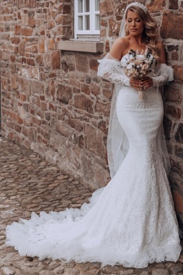 Precioso vestido de novia de sirena con hombros descubiertos y apliques de encaje floral_1