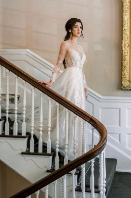 Elegante vestido de novia de manga larga con apliques de encaje de tul vestido de novia de jardín_1