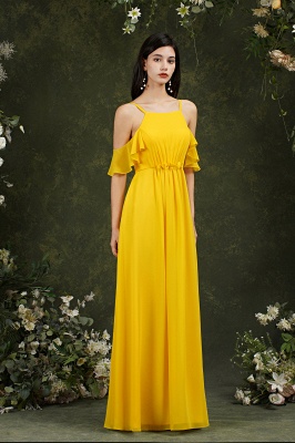 Vestido largo de dama de honor de gasa con volantes halter amarillo vestido de fiesta de boda_16