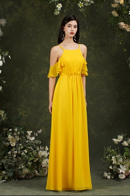 Robe de demoiselle d'honneur en mousseline de soie à volants jaune Robe de soirée de mariage longue_16