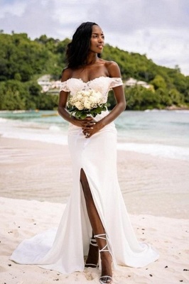 Vestido de novia de encaje con hombros descubiertos y abertura lateral Vestido de novia de playa_1