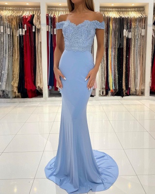 Stunning Off-the-Shoulder Chiffon Mermaid Prom Dress Lace Appliques Party Dress_5