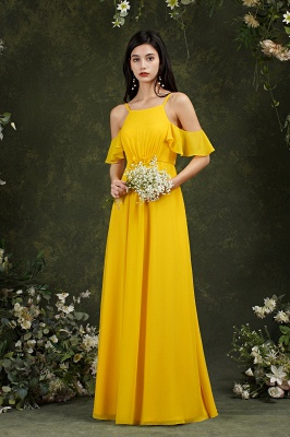 Robe de demoiselle d'honneur en mousseline de soie à volants jaune Robe de soirée de mariage longue_15