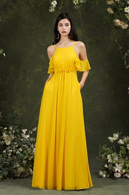 Vestido largo de dama de honor de gasa con volantes halter amarillo vestido de fiesta de boda_13