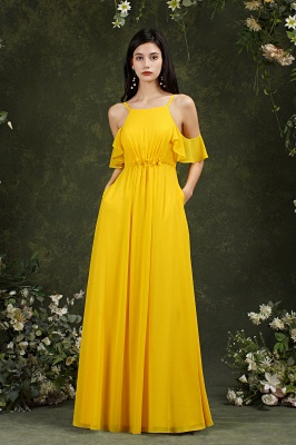 Robe de demoiselle d'honneur en mousseline de soie à volants jaune Robe de soirée de mariage longue_13