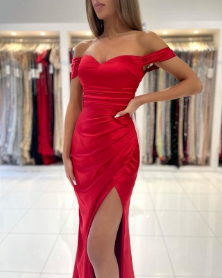 Sexy Red Off-the-Shoulder Mermaid Prom Dress Side Slit Long Evening Dress_6