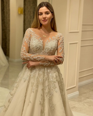 Elegante vestido de novia de encaje Aline con apliques de encaje de tul de manga larga_5