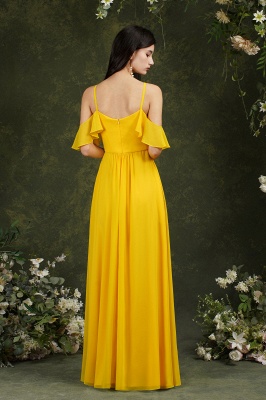 Vestido largo de dama de honor de gasa con volantes halter amarillo vestido de fiesta de boda_18