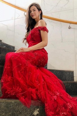 Red Sequins Mermaid Prom Dress Off-the-Shoulder Sparkly Evening Dress_3