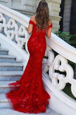 Red Sequins Mermaid Prom Dress Off-the-Shoulder Sparkly Evening Dress_2