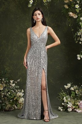 Sexy Slde Slit Prom Dress Glitter Lentejuelas con cuello en V vestido de fiesta de noche_1