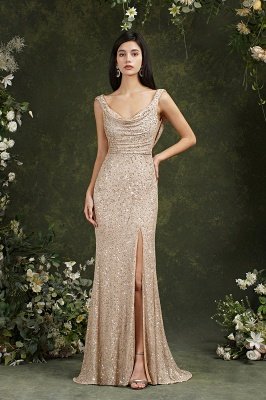 Chic Straps Sequins Side Slit Prom Dress Sleeveless Evening Party Dress_2