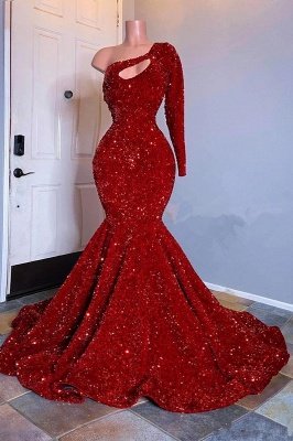 Sexy Meerjungfrau-Abschlussballkleid mit roten Pailletten, eine Schulter, funkelndes Partykleid_1