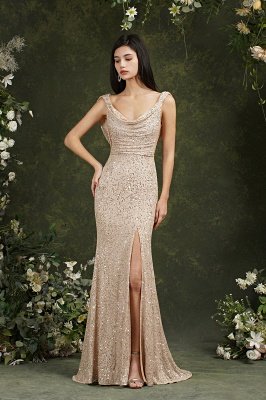 Chic Straps Sequins Side Slit Prom Dress Sleeveless Evening Party Dress_3