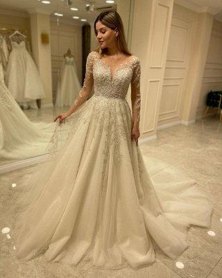 Élégante robe de mariée en dentelle Aline avec des appliques en dentelle de tulle à manches longues_3