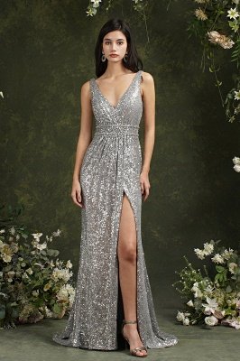 Sexy Slde Slit Prom Dress Glitter Sequins V-Neck Evening Party Dress_2