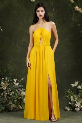 Halter Long Bridesmaid Dress Chiffon Sleeveless Side Split Wedding Party Dress_3