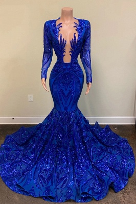 Amazing Glitter Sequins Mermaid Prom Dress Royal Blue Deep V-Neck Evening Party Dress_1