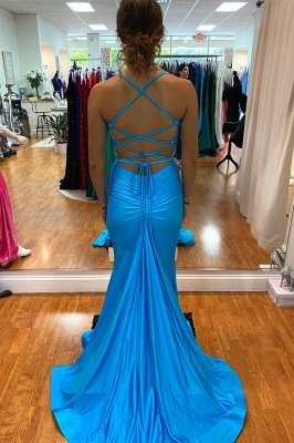 Sexy Halter Ruched Satin Mermaid Prom Dress Cross Back Sweetheart Party Dress_2