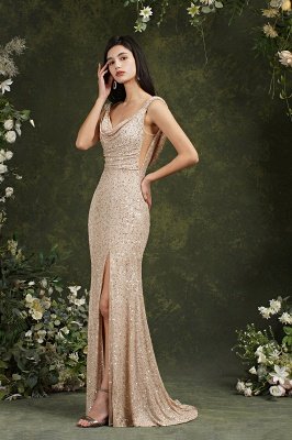 Chic Straps Sequins Side Slit Prom Dress Sleeveless Evening Party Dress_6