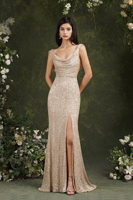 Chic Straps Sequins Side Slit Prom Dress Sleeveless Evening Party Dress_4