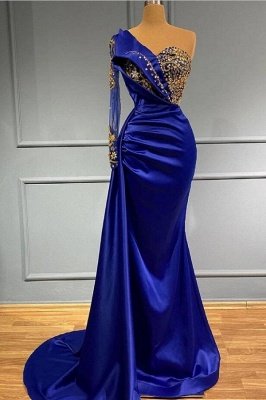 Royal Blue Rhinestones Mermaid Prom Dress with One Shoulder_1