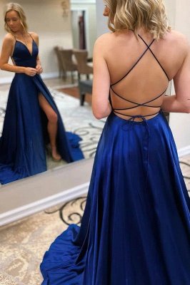 Halter Side Split Abendkleid Sexy V-Ausschnitt Satin Langes Kleid für Frauen