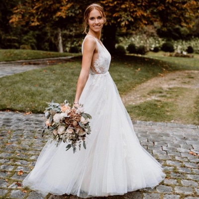 Robe de mariée Aline en dentelle de tulle sans manches Robe de mariée à encolure en V_4