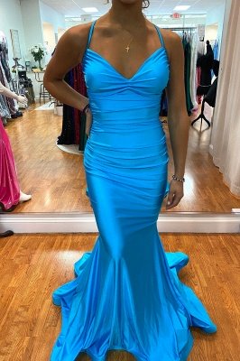 Sexy Halter Ruched Satin Mermaid Prom Dress Cross Back Sweetheart Party Dress_1