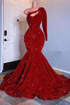 Sexy Red Sequins Mermaid Prom Dress One Shoulder Sparkly Party Gown_2